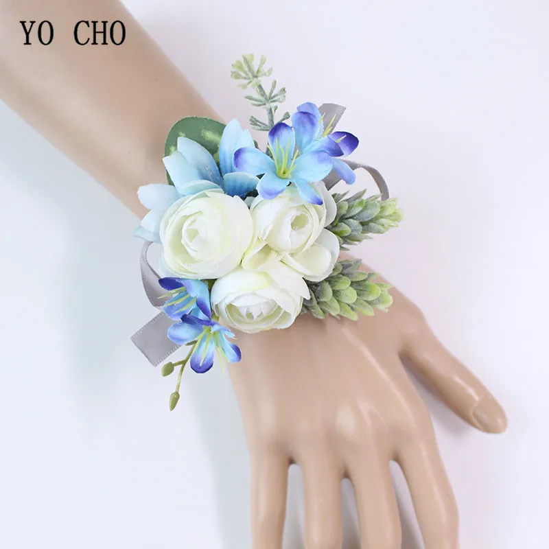 Йо Чо белые шелковые свадебные цветы розы запястье корсаж браслет для подружек невесты Синий Жених бутоньерки Для мужчин Брак Свадебные