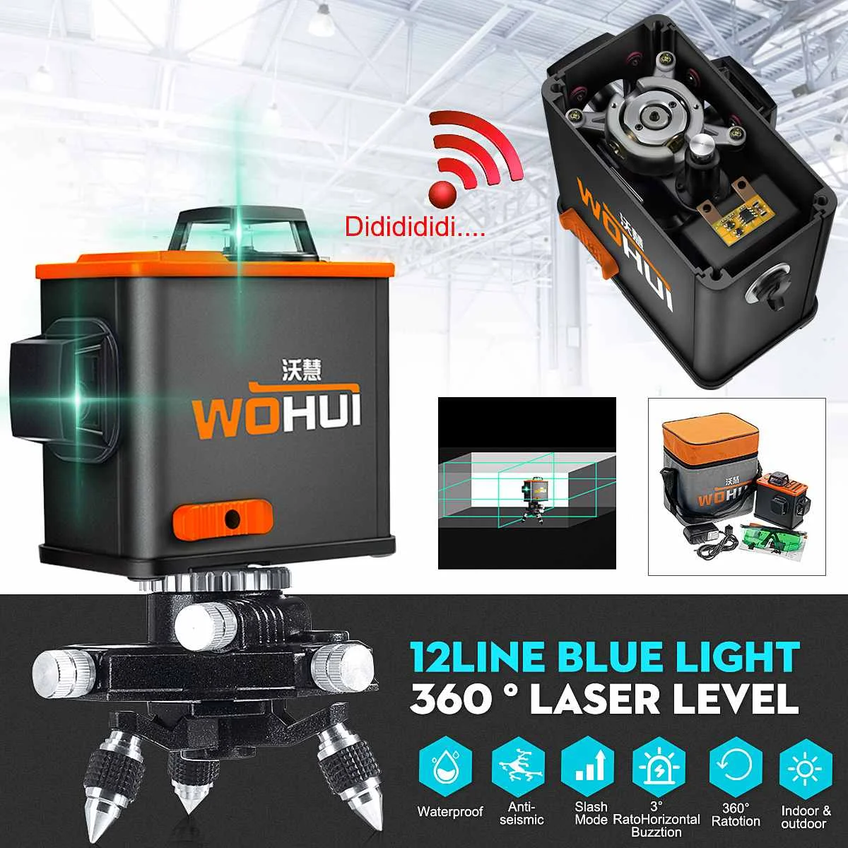 

3D 12 Line Green/Blue Light Laser Level Self Leveling 360° Rotary Measure Cross Waterproof Rechargeable US Plug AC 100-240V
