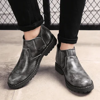 

Fashion Leisure Solid Men Boots Ankle Round Toe Platform Punk Motorcycle Boots Low Winter Casual Lace up Outdoor Shoes