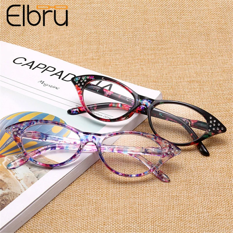 

Elbru Fashion Cat Eye Reading Glasses Female Diamond Eyeglasses Presbyopic with Diopter 1.0 1.5 2.0 2.5 3.0 3.5 4.0 Floral
