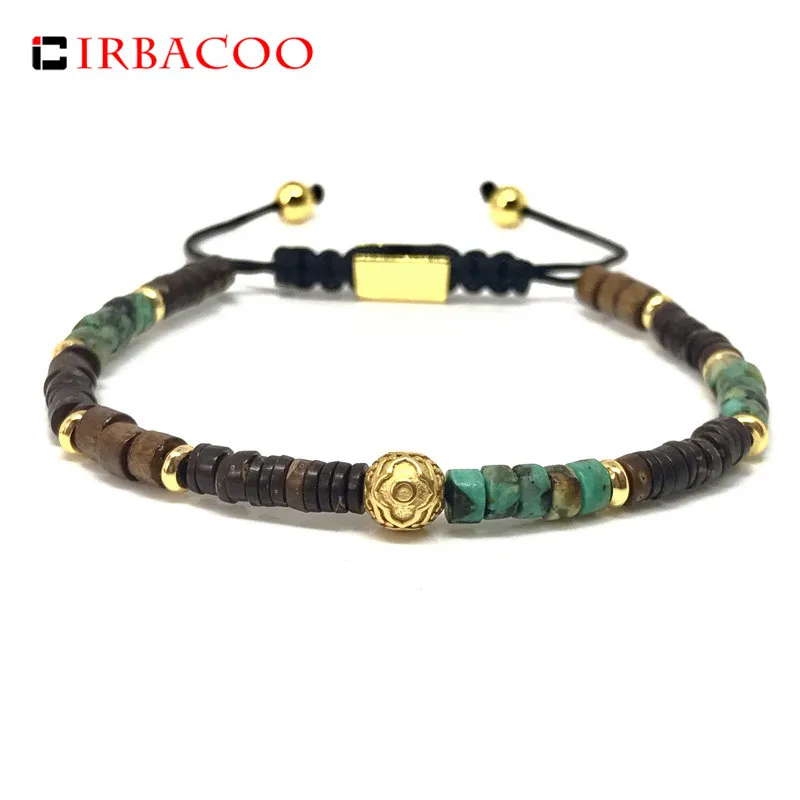

IRBACOO 2019 Luxury Men Bracelet Sterling Silver Beads Plated Gold With Wooden and Natural Stone Beads For Men Jewelry Gift