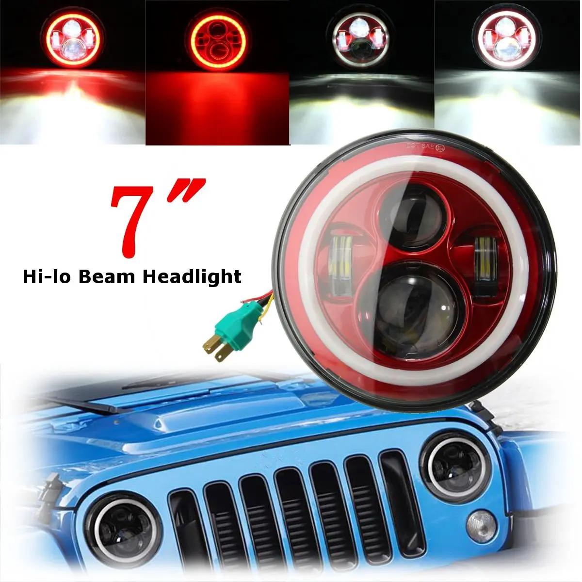 

7Inch 6000K LED Hi-Lo Beam Headlights Halo Angle Eyes White DRL Red Turn Light for Jeep/Wrangler