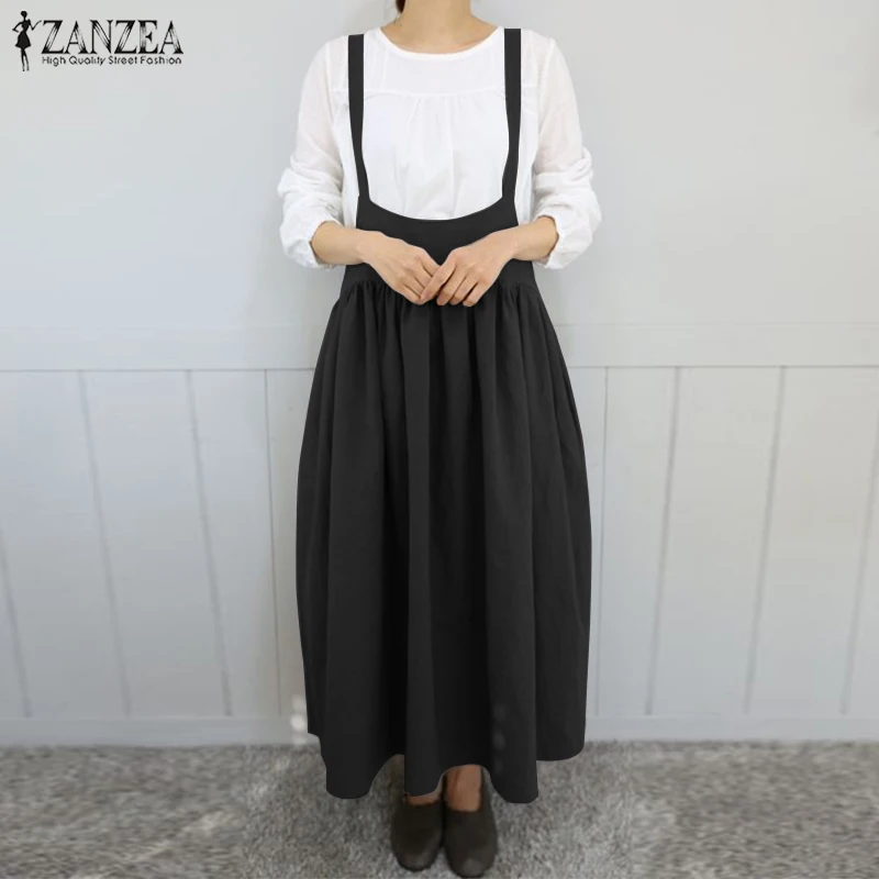 

Vintage Casual Apron Dress Women's Sundress ZANZEA Summer Linen Overalls Suspender Long Dress Female Pleated Maxi Vestidos Robe