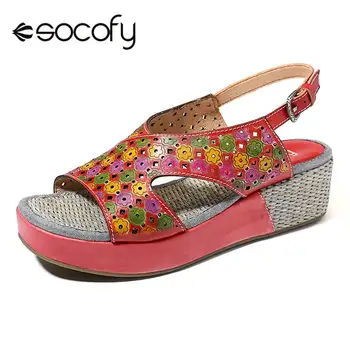 

SOCOFY Candy Color Genuine Leather Hollow Flowers Pattern Platform Buckle Strap Sandals Retro Summer Shoes New Ladies Shoes 2020