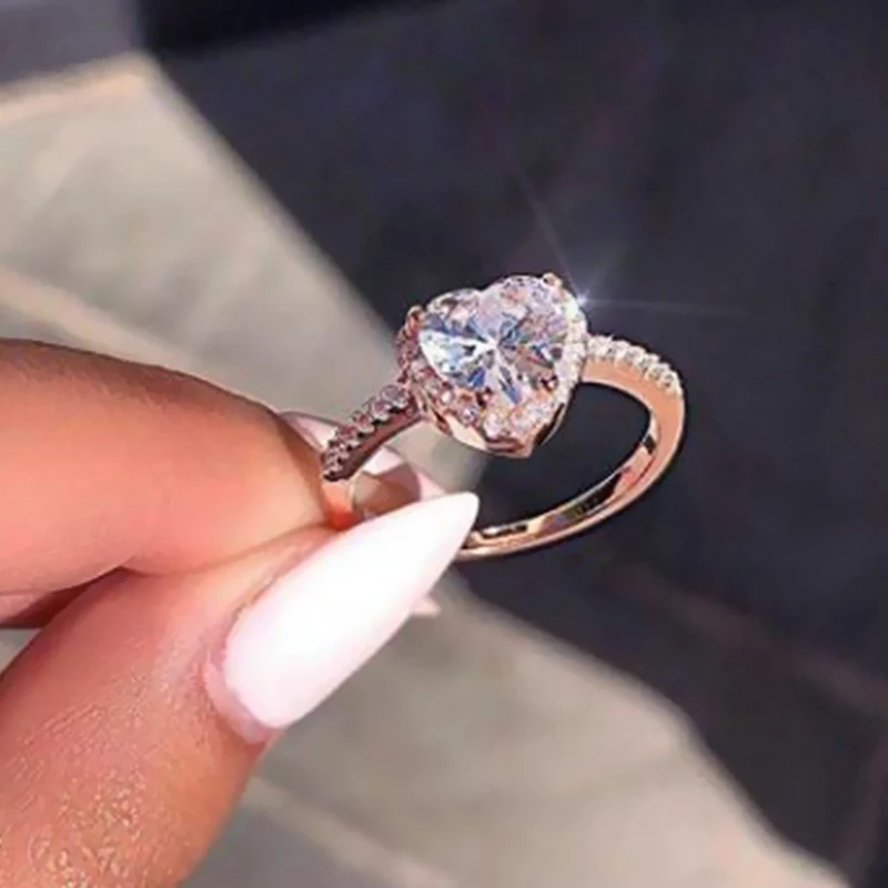 

Trendy Heart Shape Crystal Zircon Ring Women's Wedding Engagement Ring Party Jewelry Gift Boutique anillos mujer Rose gold chain