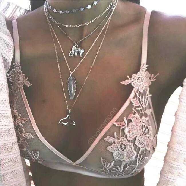 

2019 Fashion Long Statement Multi-element Bohemian Retro Elephant Fish Tail Feather Multilayer Chokers Necklaces Women Jewelry