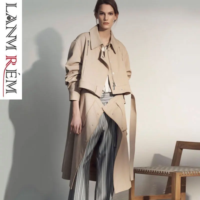 

LANMREM 2019 Spring Loose Design Windbreaker For Women Irregular Detachable Turn-down Collar Pocket Casual Long Trench YG71904