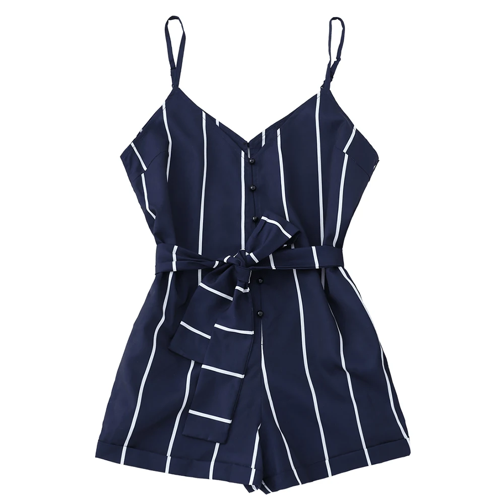 

Sovalro Spaghetti Strap Backless Stripe Print Belt Women Romper Summer Halter Button Up Women Jumpsuit Beach Overalls Mini