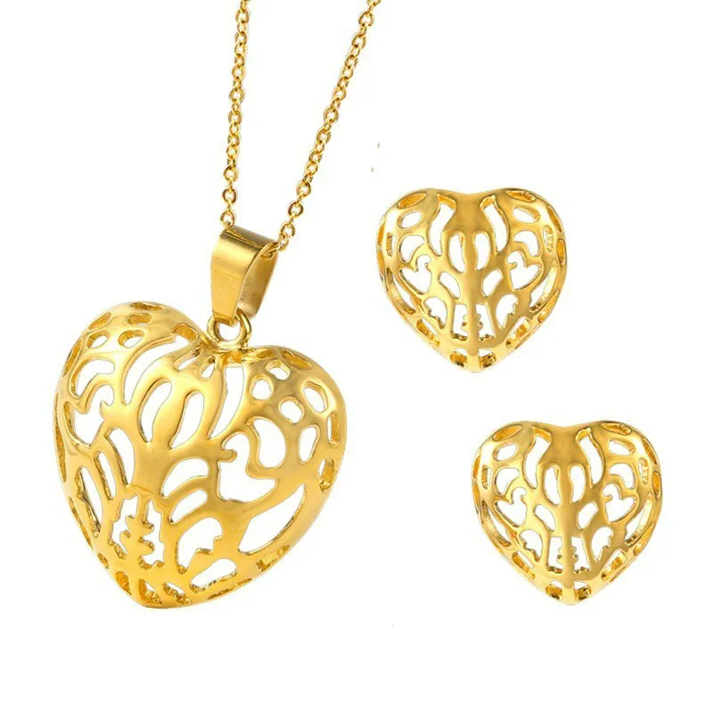 

Stainless Steel Heart Shape Hollow Out Pendant Necklace And Earrings Sets For Wedding Party Women Elegant Jewelry Set Hollow Out