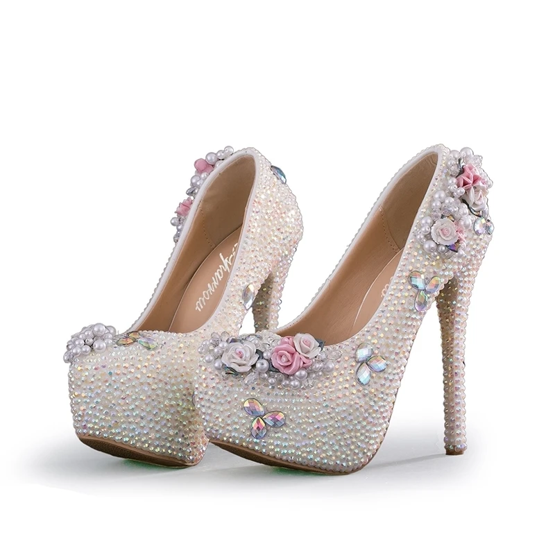 

AB Crystal Color Wedding Shoes White Rhinestone Bridal Pumps Princess Luxurious Formal Dress Shoes Prom Party Shoes Plus Size
