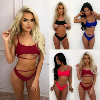 

Pretty Sexy Women Bikini Set Push-up Padded Bra Swimsuit Bandage Bathing Suit Solid color Swimwear Low Waist e Beachwear