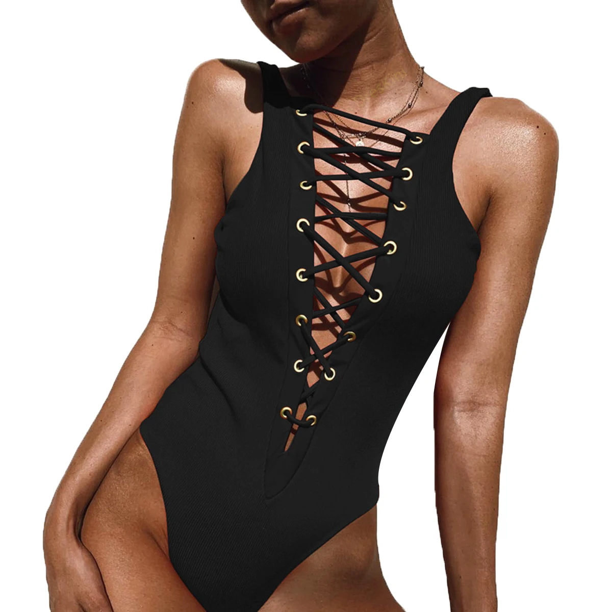

Summer Strappy Bodysuits Women Solid Color Sleeveless Beach Party Sexy Hot Lace Up Bodysuits V-Neck Cross Slim Bodysuit