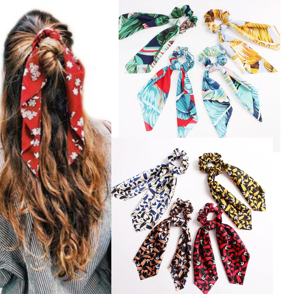 

Floral Leopard Print Scrunchie Women Hair Scarf Elastic Bohemian Hairband Bow Hair Rubber Ropes Girls Hair Ties Accessories