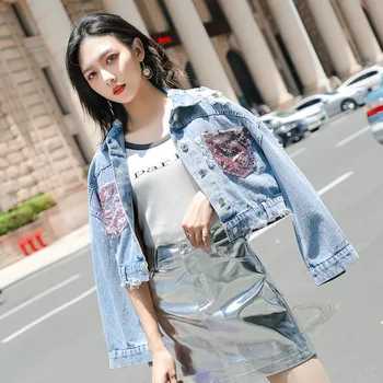 

#3151 Vintage Denim Jacket Women Short With Sequins Pockets Loose Windbreaker Coat Denim Jackets Ladies Streetwear Spring 2019