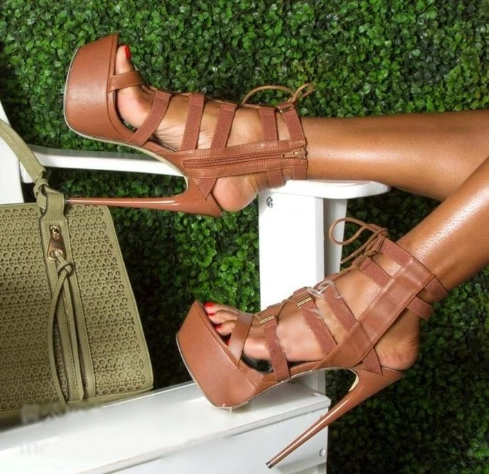 hurtig Kristus sjæl Sexy Brown Leather Peep Toe High Platform Women Sandals Cut out Cross Strap  Tie up High Stiletto Ankle Boots Plus Size 10|High Heels| - AliExpress
