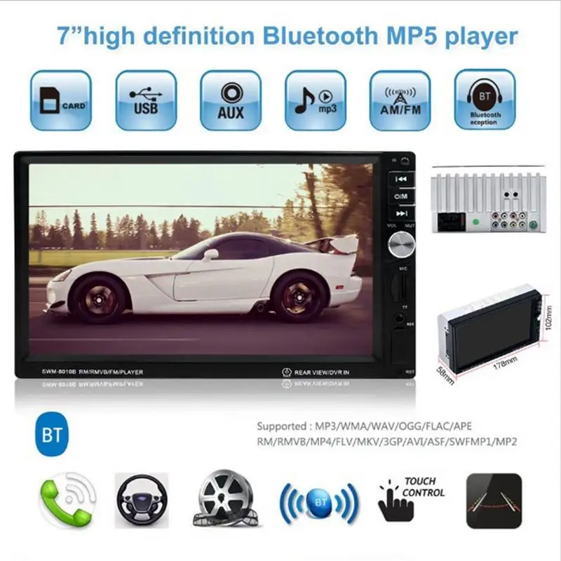 

7 In Car Multimedia Player HD Touch Screen Car Audio MP4 MP5 Player FM Radio Bluetooth Hands-free Calls Steering Wheel Control