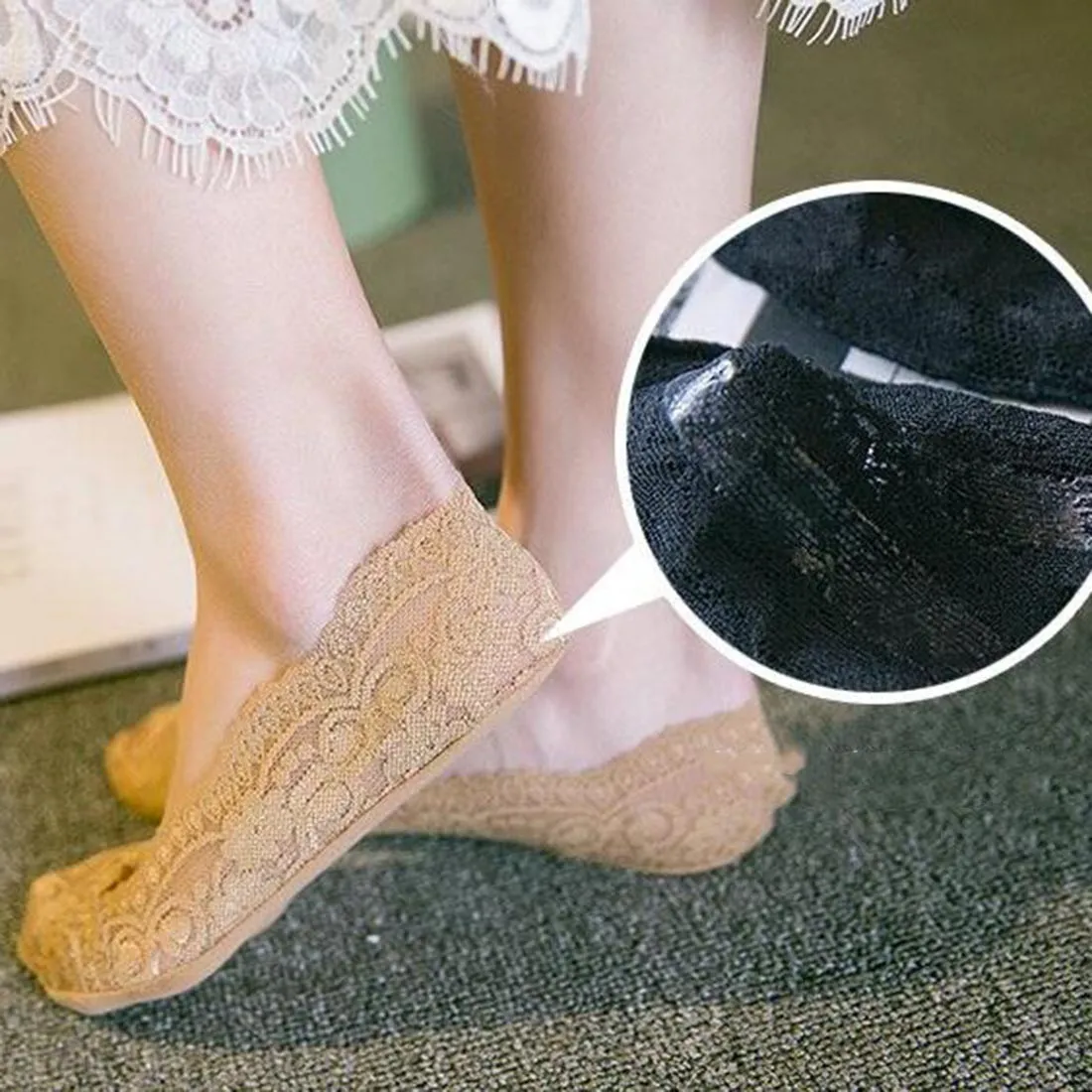 

Anti-Slip Lace Boat Socks Summer women girl Silica Gel Lace Boat Socks Invisible Cotton Sole Non-slip Antiskid Slippers