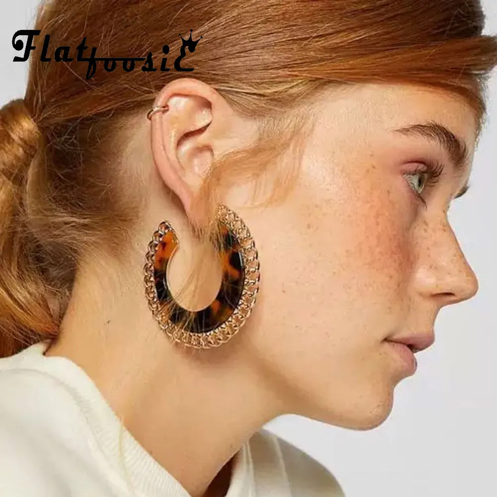 

Flatfoosie ZA Resin Acrylic Circle Stud Earring For Women Leopard Round Chain Flower Big Statement Earring Female Trendy Jewelry