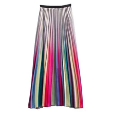 Радужный цвет длинная юбка Новинка Весна Европейский стиль эластичность плиссированная юбка высокая уличная трапециевидная юбка до щиколотки
