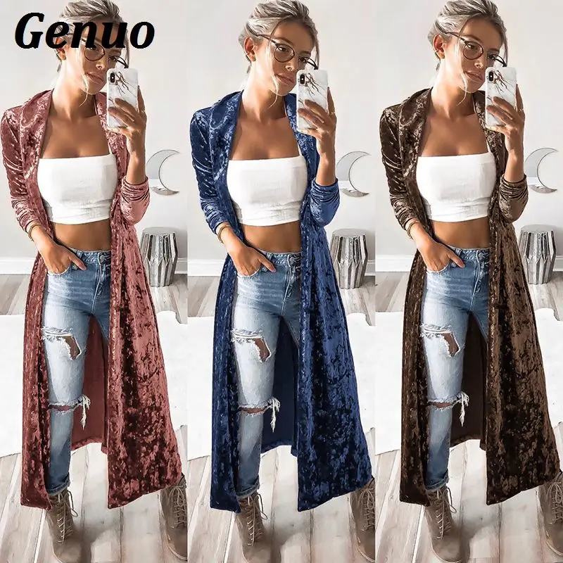 Genuo женское осеннее пальто с длинным рукавом однотонное прямое длинное бархатный