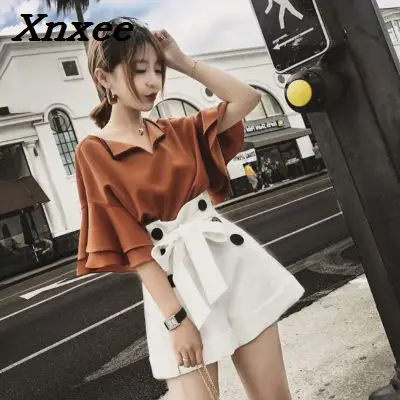 

Summer women fashion two pieces set chiffon elegant sweet suits blouse tops + wide leg shorts female office lady work clothes