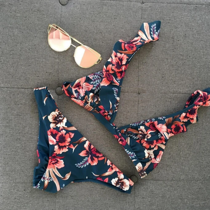 Женский цветочный бюстгальтер пуш-ап с мягкими чашечками, комплект бикини с оборками, треугольный купальник, треугольный купальник, купальный костюм для пляжа