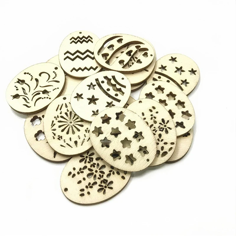 

25PCS Happy Easter Eggs Wooden Craft Easter Decorations For Home 40*30mm DIY Wood Chips Easter Eggs Hanging Ornaments