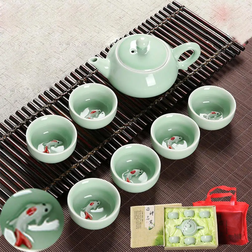 

Adeeing 7pcs Celadon Tea Set Ceramic Teapot Teacup Business Gift Decoration