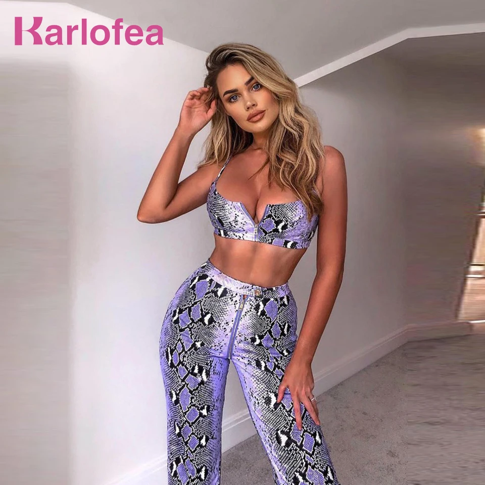 

Karlofea Female Fashion Sexy Snake Print Two Piece Sets New Chic Outfits Wear Crop Tank Strap Tops And Pants Suit Matching Sets