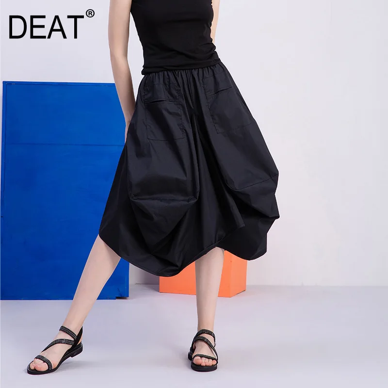 

[DEAT] 2019 New Autumn Winter High Elastic Waist Black Loose Fold Three-dimensional Half-body Skirt Women Fashion Tide JT35