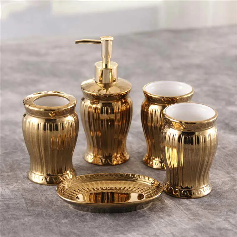 

Luxury Gold Bathroom Accessories Set Ceramic Toothbrush Holder Soap Toothpaste Dispenser Toilet Storage Organizer For Home Decor