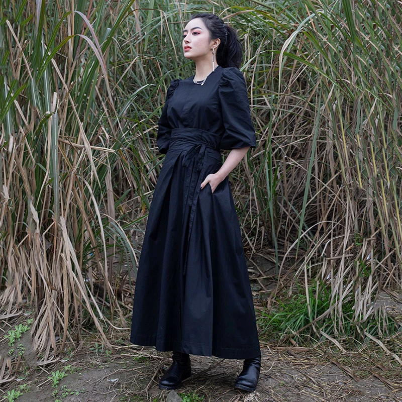 [EAM] Новинка Весна Лето Высокая талия Banadahe черная плиссированная разделенная юбка с большим подолом Женская мода JR478
