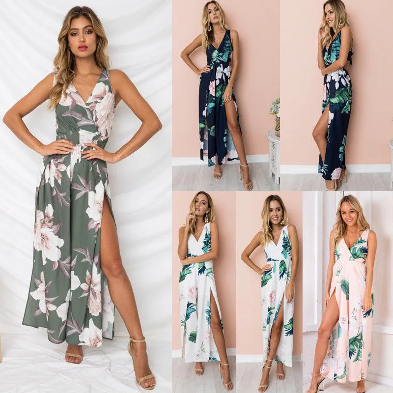 

Womens summer boho floral printed jumpsuits ladies sleeveless beach party romper casual clubwear wide leg pants outfits