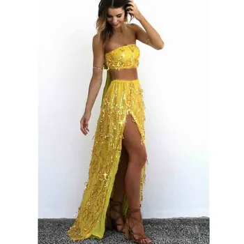 

Women Crop Top Splits Skirt Sexy 2 Piece Sets Summer Party Night Sequined Outfits Beach Tassel Suit Vestidos