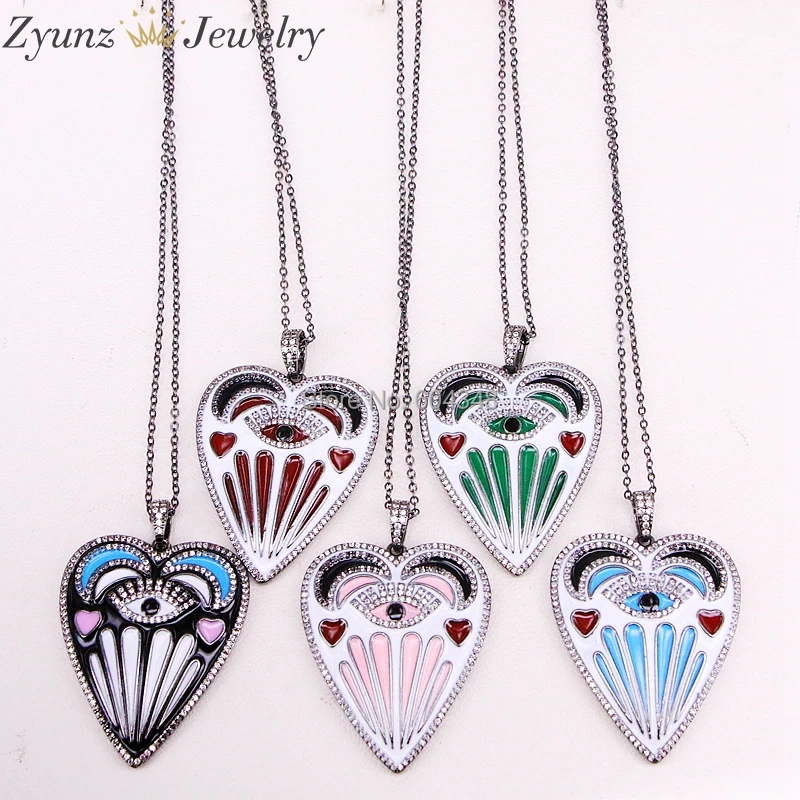

5 Strands ZYZ323-9224 Pave cz eye multi enamel colour heart shape pendant necklace, beautiful heart pendant women jewelry