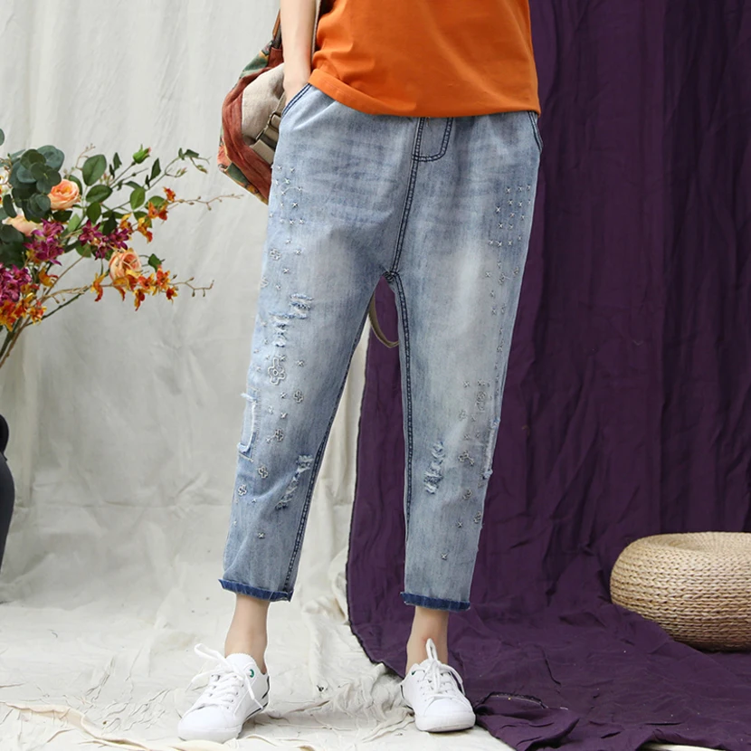 Summer Ripped Jeans Female Women Denim Pants Capris Casual