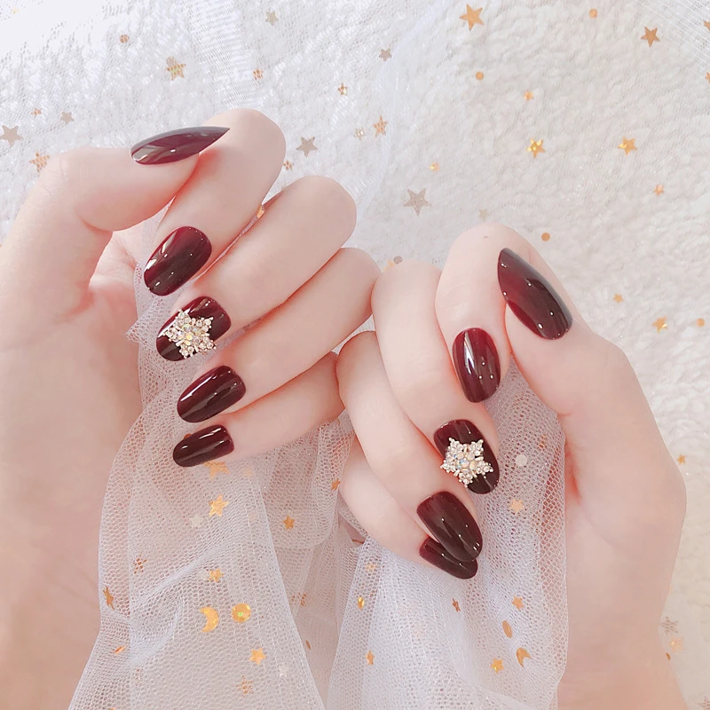 

24Pcs Red Wine Glitter Diamond Fake Nails Removable Waterproof Long Section Press On Nails Fashion Round Head Fake Nails#