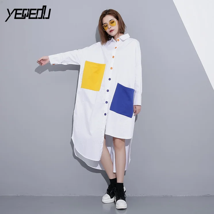 

#1033 Patchwork Pockets White/Black Shirt Dress Women Lapel Collar Irregualr Blouse Single Breasted Sweet Asymmetric Large size