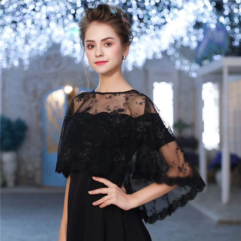 Fashion Black Sheer Summer Bolero Eyelash Lace Hi-Lo Capes Jacket for Evening Party Women Shawl Accessories Short Wrap Bridal