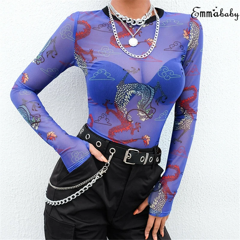 Fashion Sexy Womens Ladies Crew Neck Transparent Mesh Sheer Dragon Top Shirt Blouse Tee Tops Blue Fashion Sexy Womens Ladies Crew Neck Transparent Mesh Sheer Dragon Top Shirt Blouse Tee Tops Blue