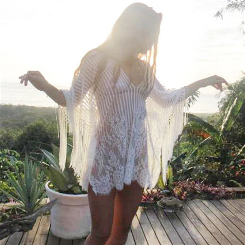 Женская однотонная белая кружевная пляжная одежда, открытая пляжная блуза, пляжная одежда, женские туники, пляжный шифоновый летний топ