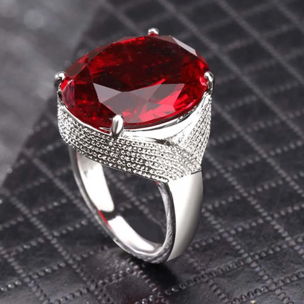 

Big Red Stone Luxury Women Rings Silver Color Female Princess Ring Oval Fashion Party Jewelry Engagement Wedding Band DDR025