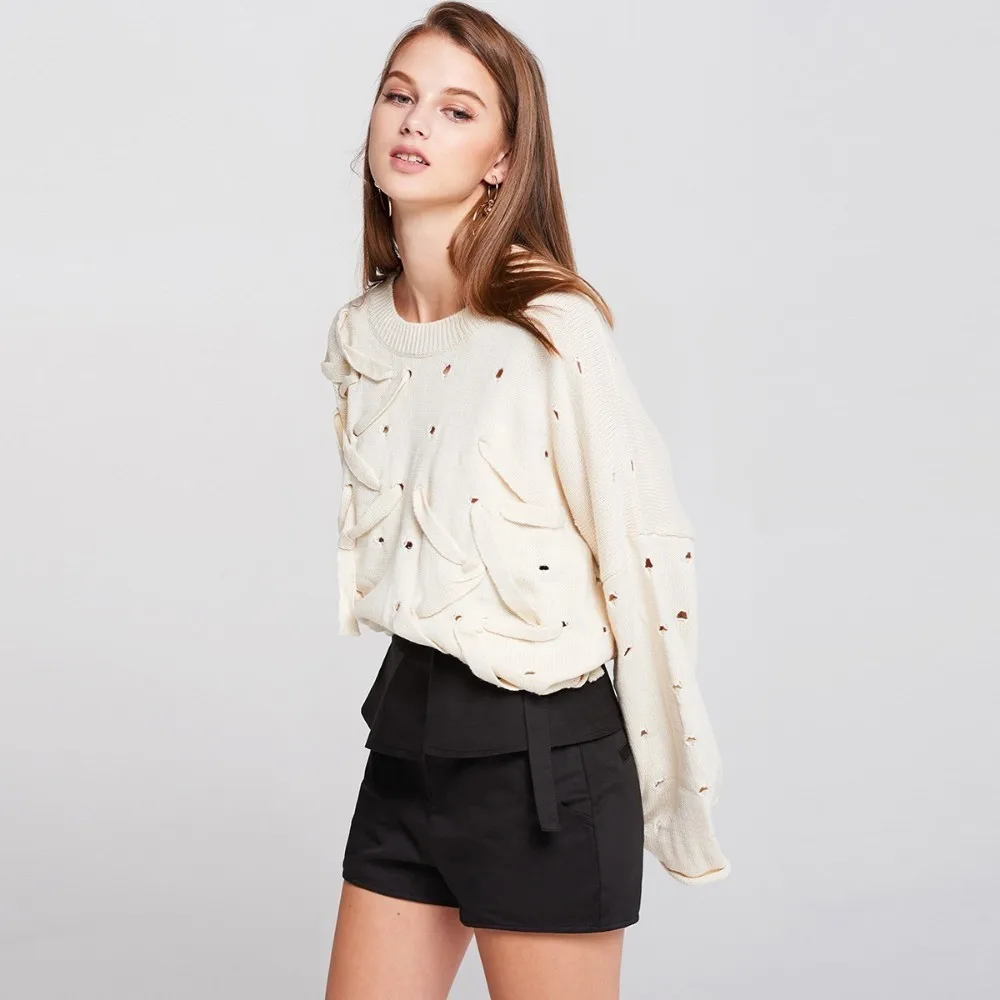 HDY Haoduoyi Fashion Simplicity Hole Hollowing Out Frenulum Easy Knitting Sweater Black White Long Sleeve Tops 