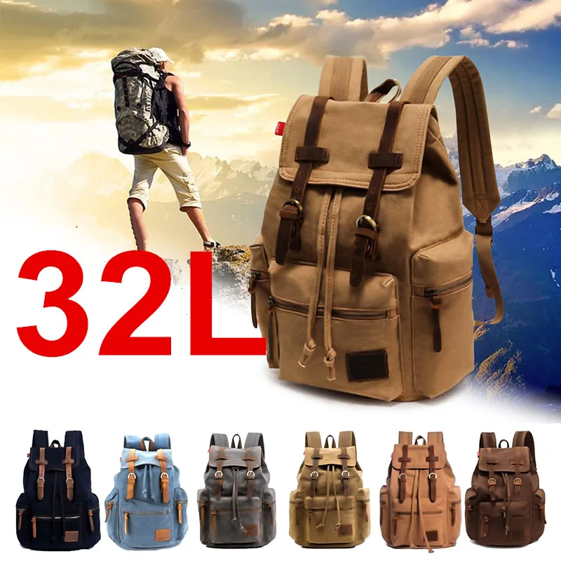 

32L Fashion Vintage Men Women Canvas Leather Backpack Sport Rucksack Camping School Satchel Hiking Bag Outdoor Bags