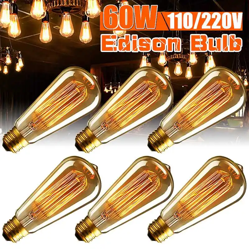 

6pcs 60W 19 Anchors E27-ST64 Vintage Edison Bulb Antique Filament Tungsten Incandescent Bulbs for Home Decorative