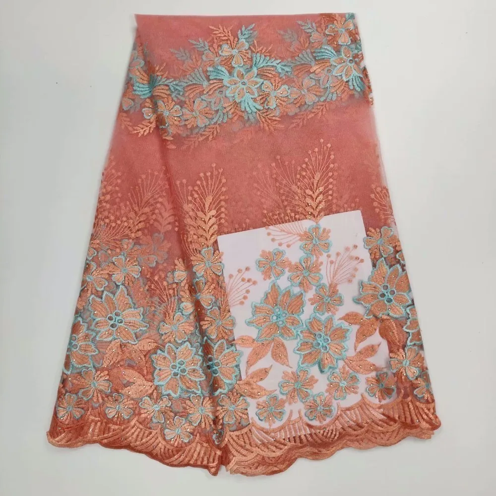 

High Quality African French Mesh Lace Fabric 2018 Nigerian Tulle Net Laces Fabrics Embroidery peach Lace Fabric With Stones