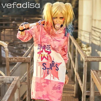 

Vefadisa Women Pink Camouflage Star Pattern Hooded Sweatshirt Dress 2020 Spring Women Letter Printing Sport Dress DQ560