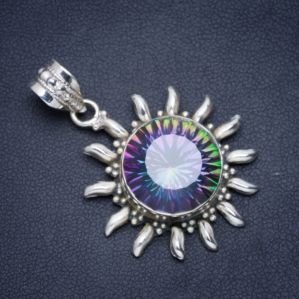 

Natural Mystical Topaz Handmade Sun Unique 925 Sterling Silver Pendant 1.75" A0255