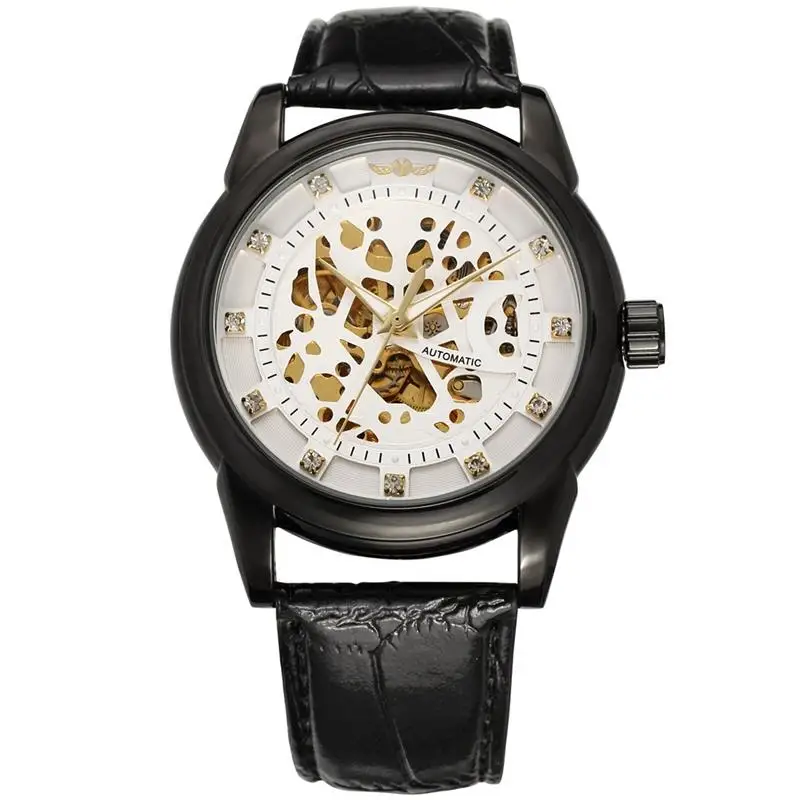 

Winner Mechanical Watch Clock Royal Carving Skeleton Brown Leather Strap Silver Case Transparent Case Men Watch Luxury