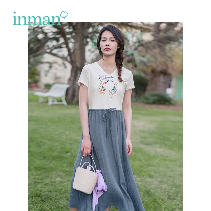 

INMAN 2019 Summer New Arrival V-neck Literary Embroidery Defined Waist Slim Mock Two-piece Short Sleeve Women Dress